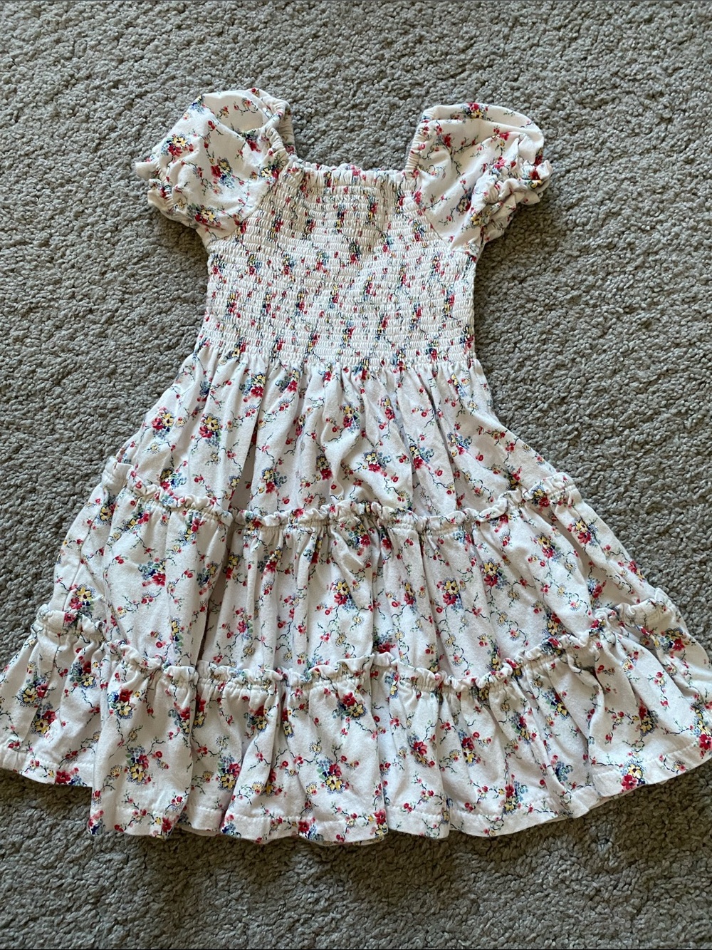 Polo by Ralph Lauren White Floral Smocked Puff-Sleeve Dress